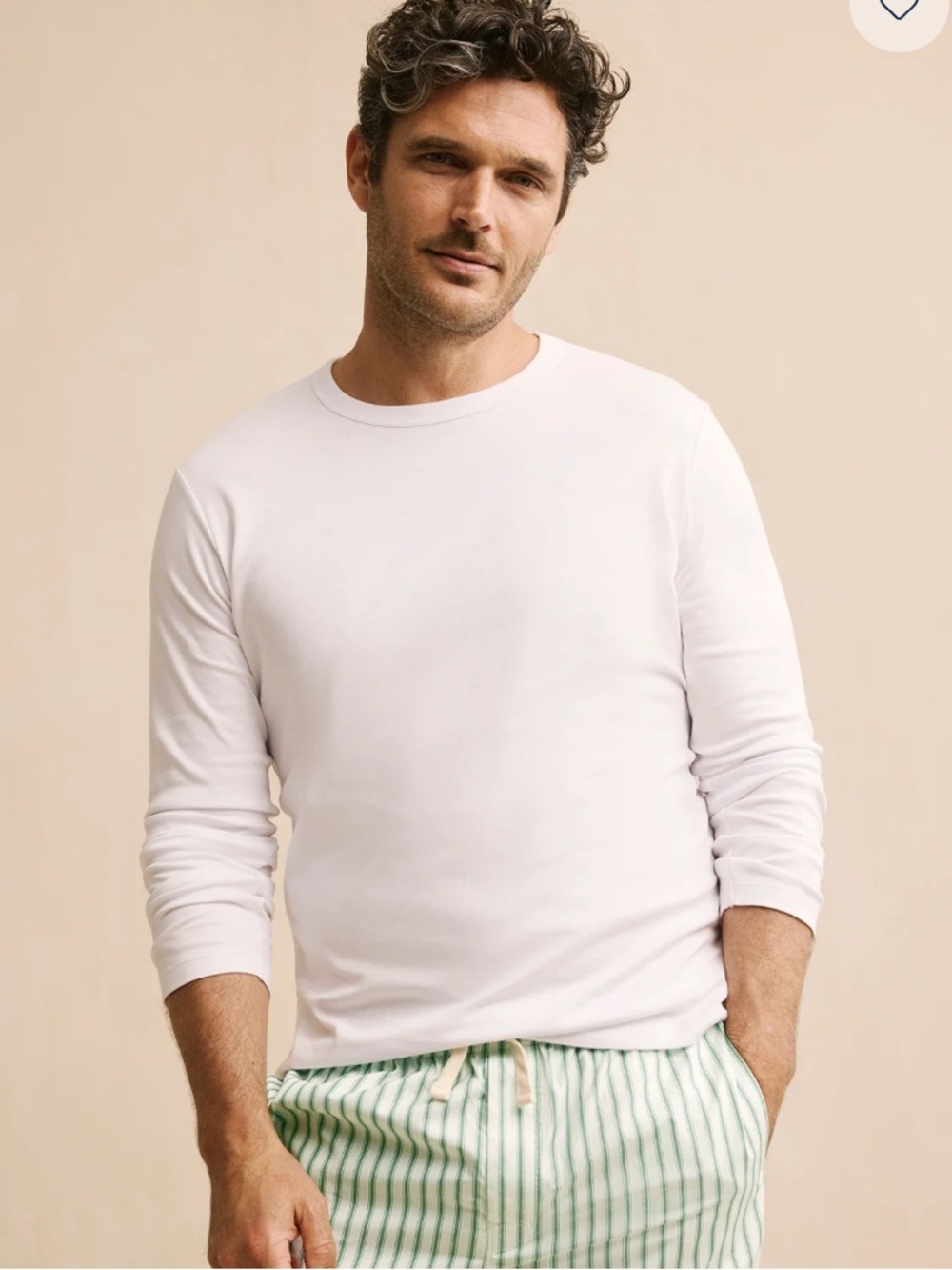 LAKE PAJAMAS Men's Pima Crewneck Long Sleeve Tee in White